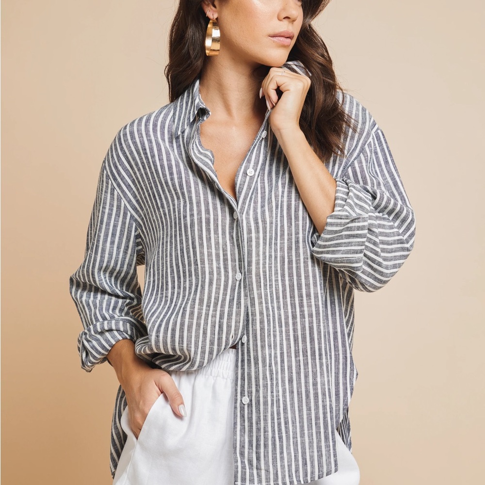 Jones New York Sport Gray and White Striped 100% Linen Shirt Sz Small